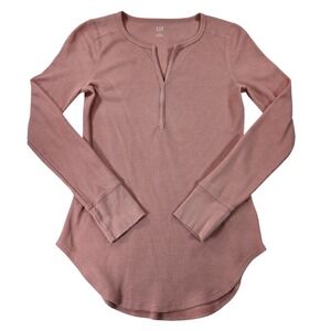 Gap Feather Tee Womens Medium Pink Waffle Knit Split Neck Long Sleeve Top